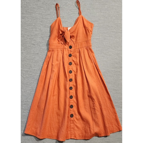 Victoria + Sophia Dresses & Skirts - Victoria + Sophia Burnt Orange Linen Blend Tie Front Button‎ Midi Dress Small